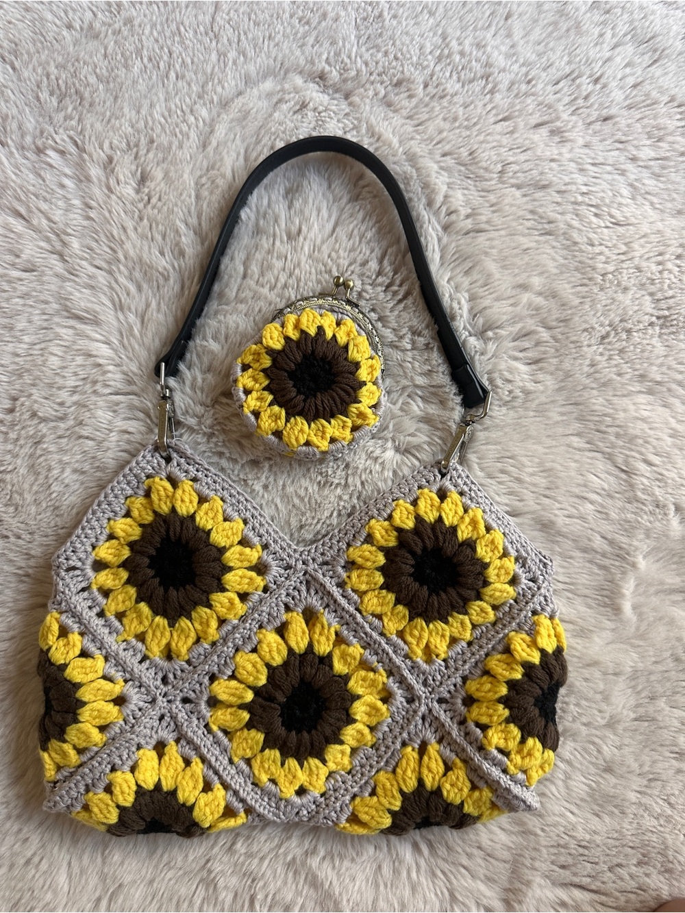 Handmade Yellow Sunflower Crochet Shoulder Bag with Coin Purse